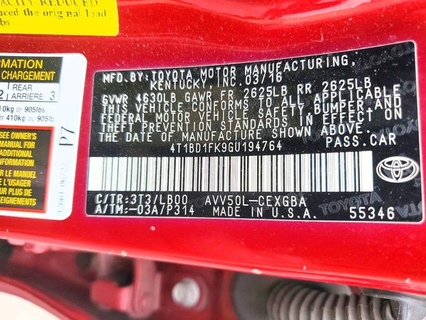 2016 TOYOTA CAMRY SOLA Hybrid — VINS