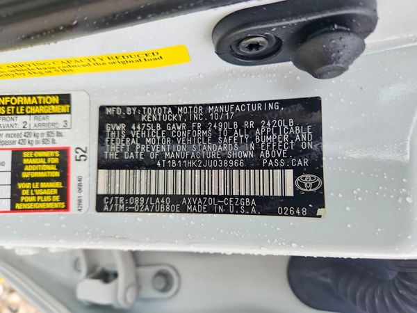 2018 TOYOTA CAMRY L/LE/SE/XLE — VINS