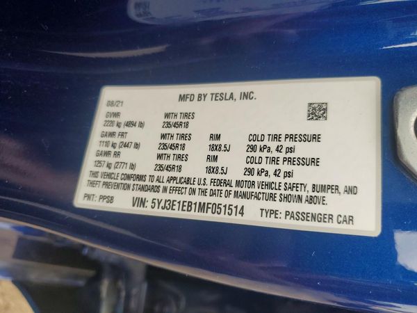 2021 TESLA MODEL 3 — VINS