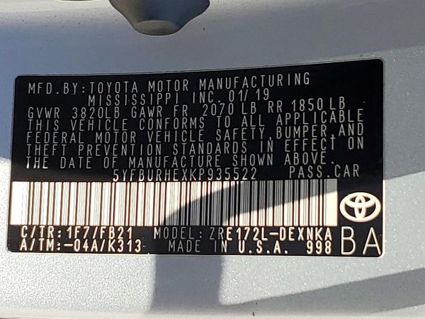 2019 TOYOTA COROLLA — VINS