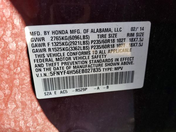2014 HONDA PILOT EX-L — VINS