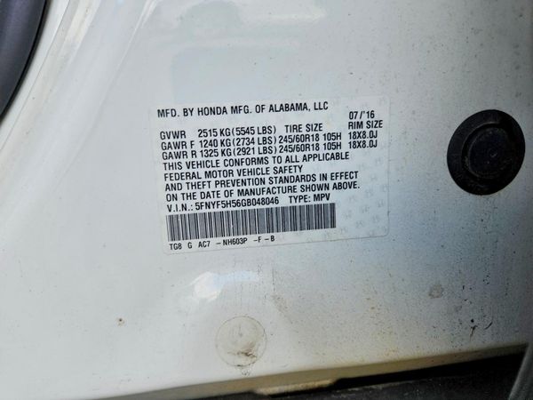 2016 HONDA PILOT EXL — VINS