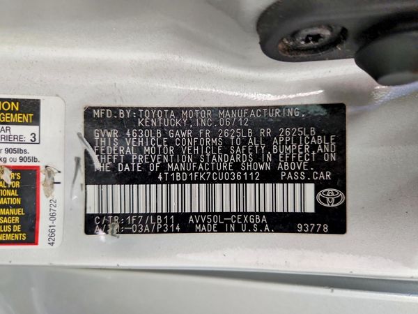 2012 TOYOTA CAMRY SOLA Hybrid — VINS