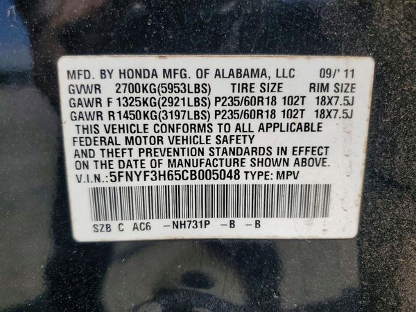 2012 HONDA PILOT EX-L with RES — VINS