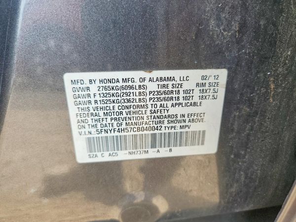 2012 HONDA PILOT EX-L — VINS