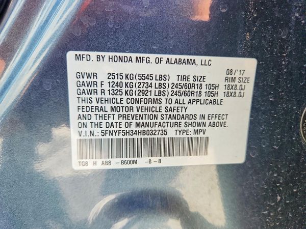 2017 HONDA PILOT EX — VINS