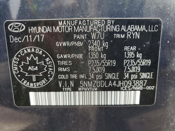 2018 HYUNDAI SANTA FE — VINS