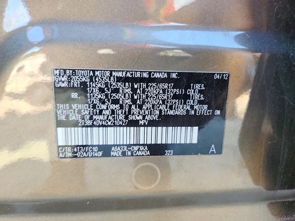 2012 TOYOTA RAV4 Standard — VINS