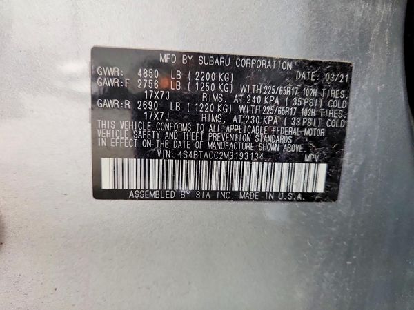2021 SUBARU OUTBACK Premium — VINS