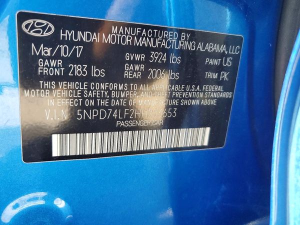 2017 HYUNDAI ELANTRA SE Base — VINS