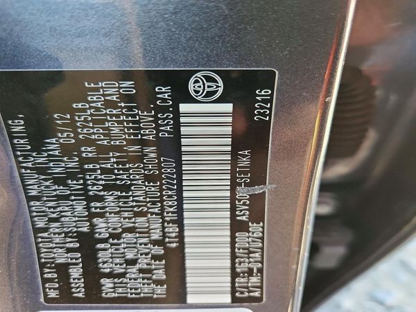 2012 TOYOTA CAMRY — VINS
