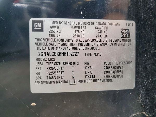 2017 CHEVROLET EQUINOX LT / FL — VINS