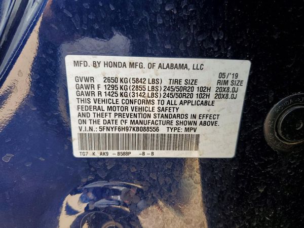 2019 HONDA PILOT TOURING — VINS