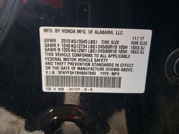 2017 HONDA PILOT EXL-N — VINS