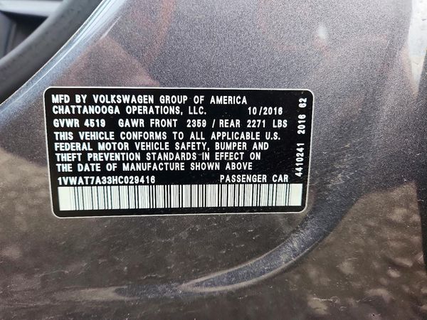 2017 VOLKSWAGEN PASSAT S