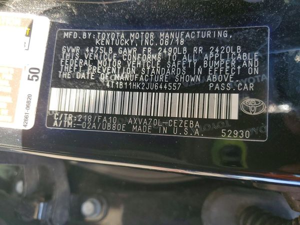 2018 TOYOTA CAMRY L/LE/SE/XLE — VINS