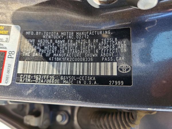 2012 TOYOTA CAMRY — VINS