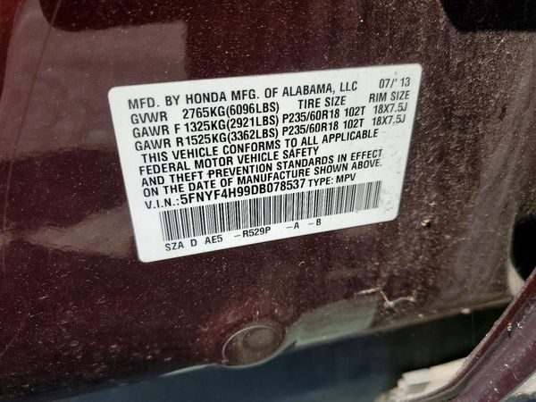 2013 HONDA PILOT TOURING — VINS