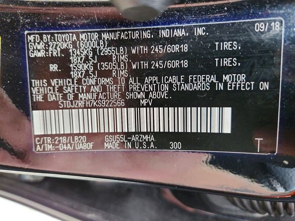 2019 TOYOTA HIGHLANDER SE/XLE — VINS