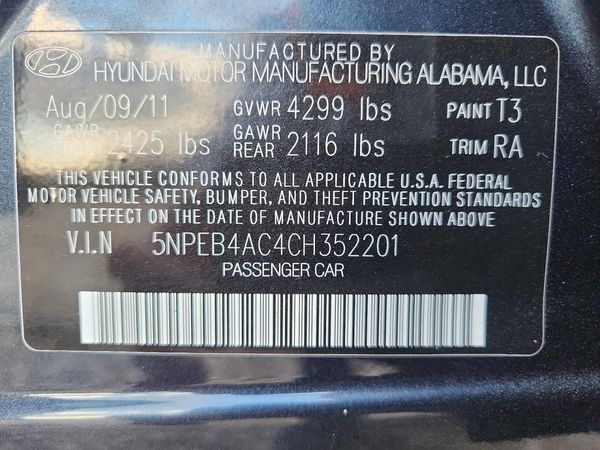 2012 HYUNDAI SONATA — VINS