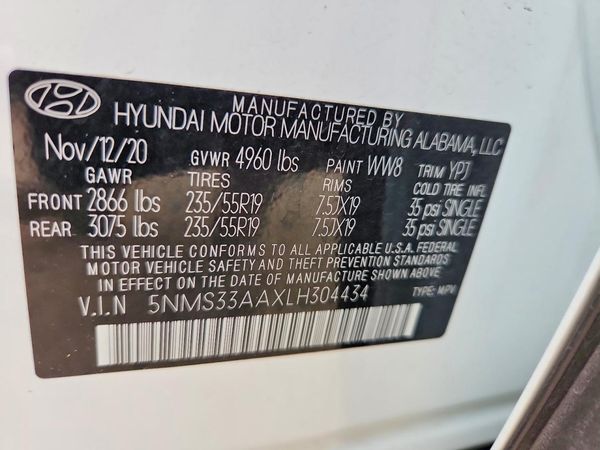 2020 HYUNDAI SANTA FE SEL — VINS