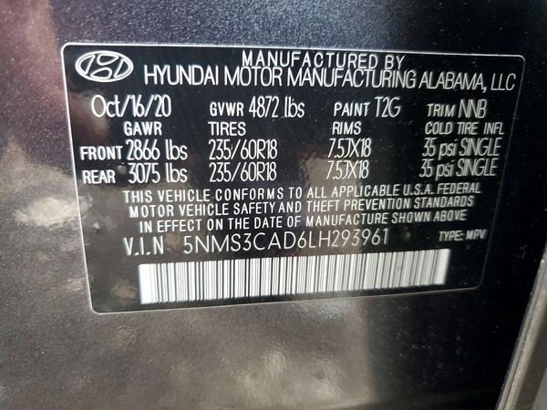 2020 HYUNDAI SANTA FE SEL — VINS