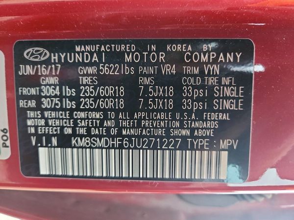 2018 HYUNDAI SANTA FE SE Base — VINS