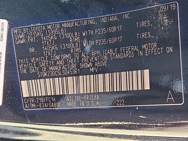 2020 TOYOTA SIENNA E grade — VINS
