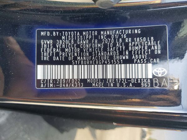 2016 TOYOTA COROLLA L/LE