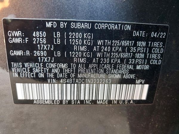 2022 SUBARU OUTBACK — VINS