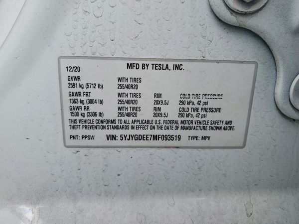 2021 TESLA MODEL Y — VINS