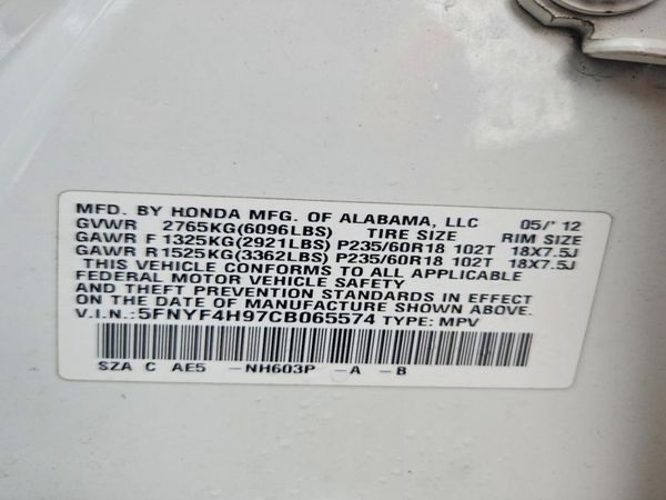 2012 HONDA PILOT TOURING — VINS