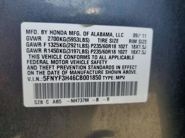 2012 HONDA PILOT EX — VINS