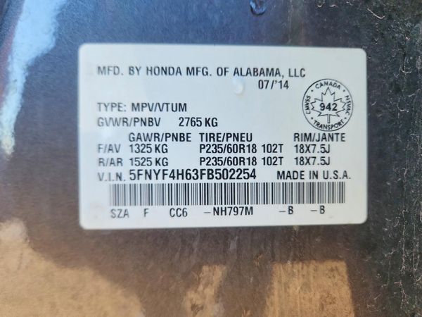 2015 HONDA PILOT EX-L with RES — VINS