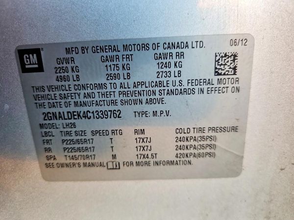 2012 CHEVROLET EQUINOX 1LT — VINS