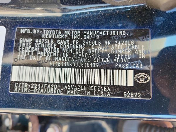 2018 TOYOTA CAMRY L/LE/SE/XLE — VINS
