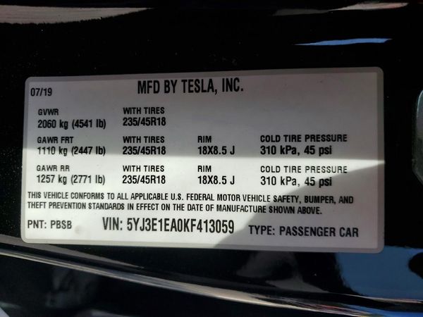 2019 TESLA MODEL 3 — VINS