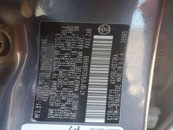 2012 TOYOTA CAMRY — VINS