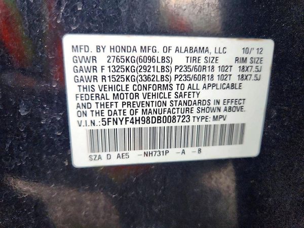2013 HONDA PILOT TOURING — VINS