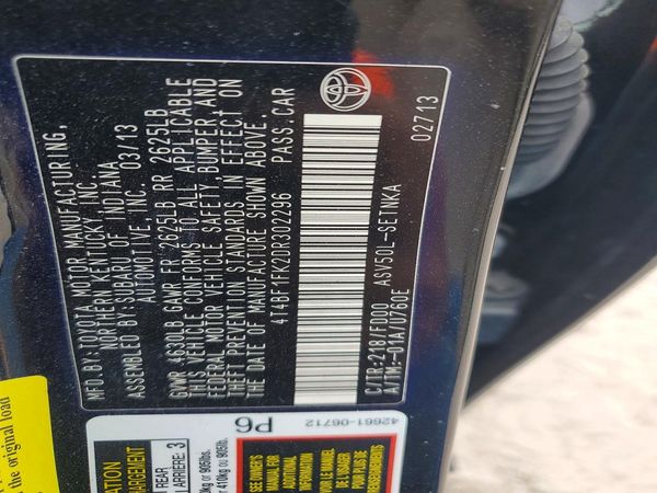 2013 TOYOTA CAMRY — VINS