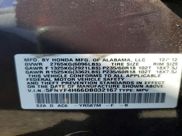 2013 HONDA PILOT EX-L with RES — VINS