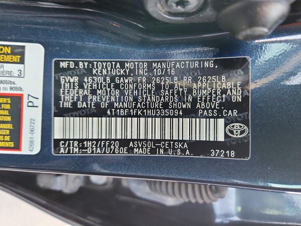 2017 TOYOTA CAMRY LE/SE/XLE/XSE — VINS