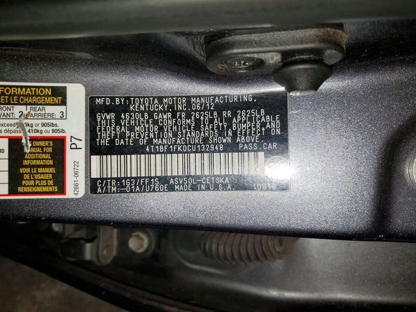 2012 TOYOTA CAMRY — VINS