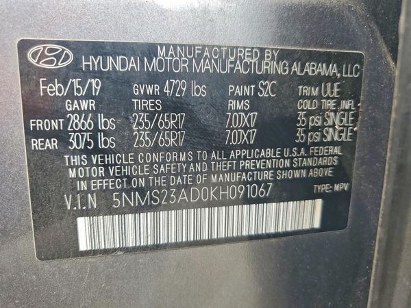 2019 HYUNDAI SANTA FE SE — VINS