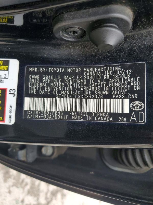 2012 TOYOTA COROLLA — VINS