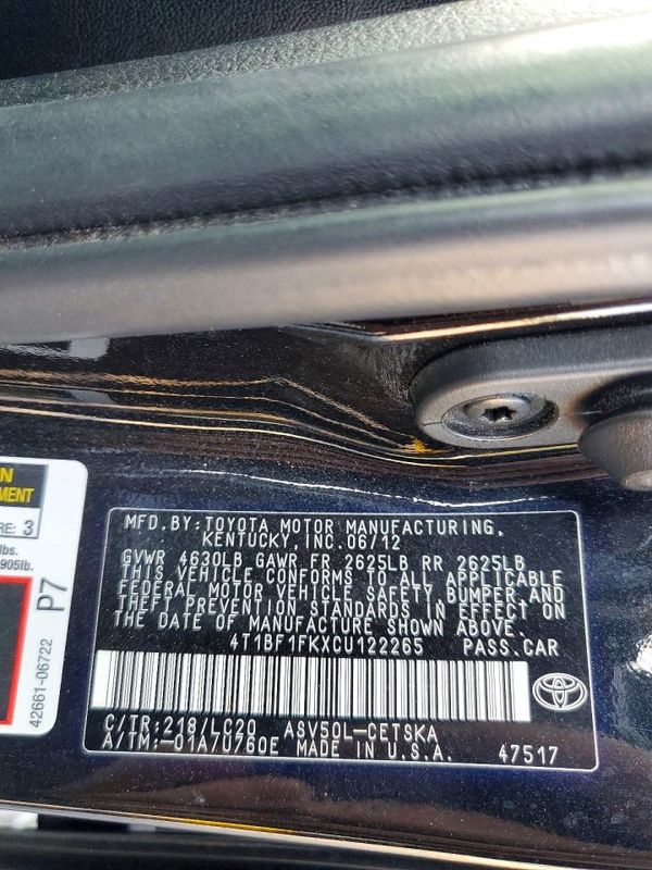 2012 TOYOTA CAMRY — VINS