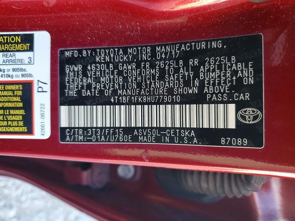 2017 TOYOTA CAMRY LE/SE/XLE/XSE — VINS