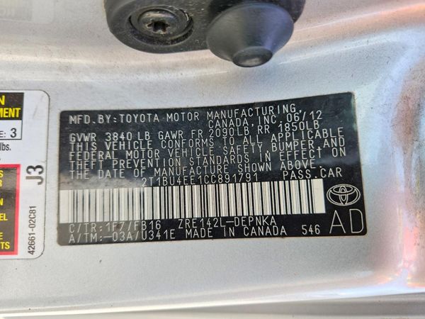 2012 TOYOTA COROLLA — VINS