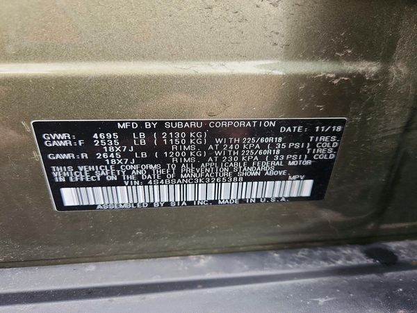 2019 SUBARU OUTBACK — VINS