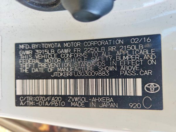 2016 TOYOTA PRIUS One/Two — VINS